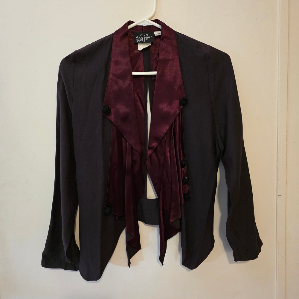 Vintage Wild Rose Womens Blazer Size 4 Burgundy Satin Draped Old Money Glam